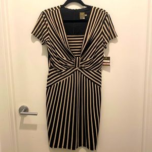 Taylor Black & Tan Striped dress. Fitted top, straight skirt